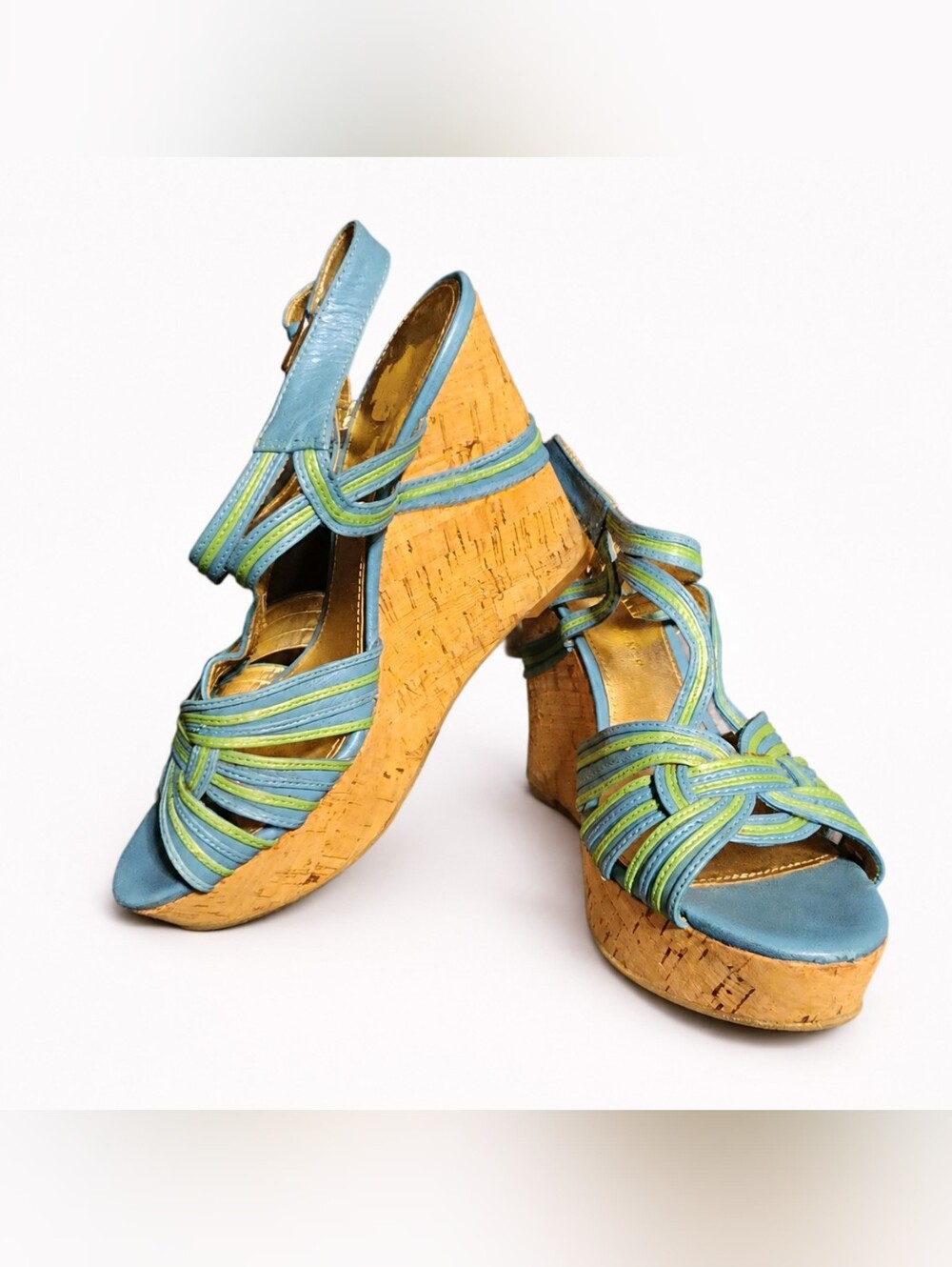 Ivanka Trump Blue Green Cork Platform Wedge Sandals Approx Size 7